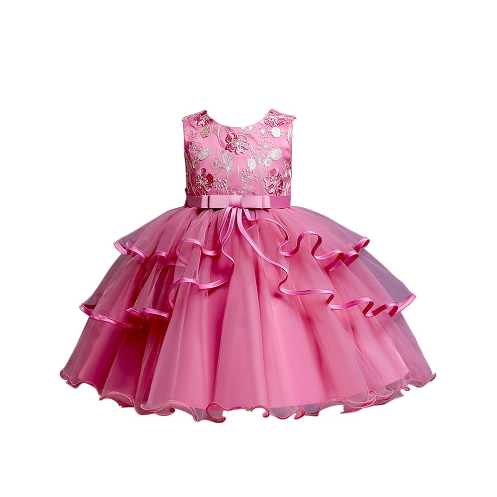 Pink princess puffy dress toddler girls tie back floral embroidery gown SZ 5